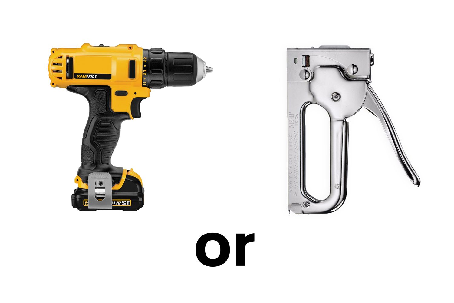 An image showing a power drill and a metal hand stapler