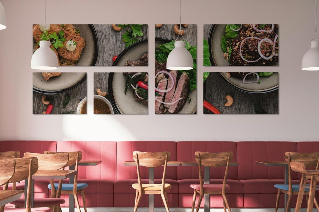 Multiple split panel design with custom printed fabric panels in cafe restaurant