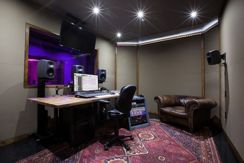4. Custom Acoustic Fabric-covered Full Wall Panels in a Recording Studio