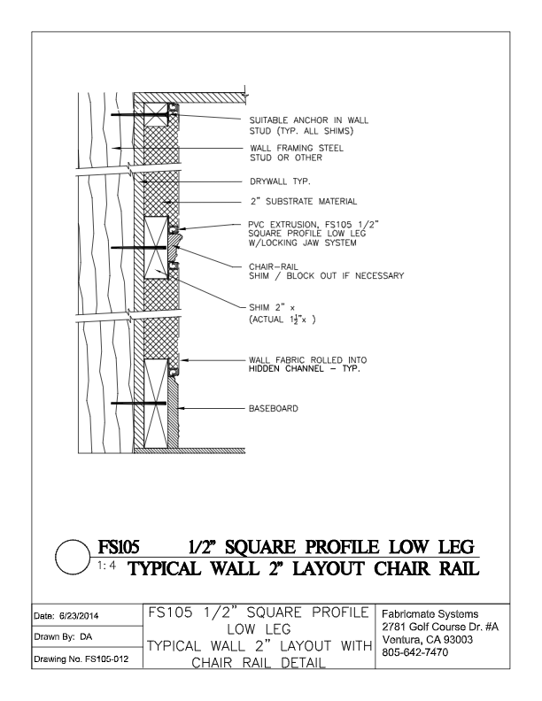 TYPICAL WALL 2 INCH LAYOUT WITH CHAIR RAIL FS105-012