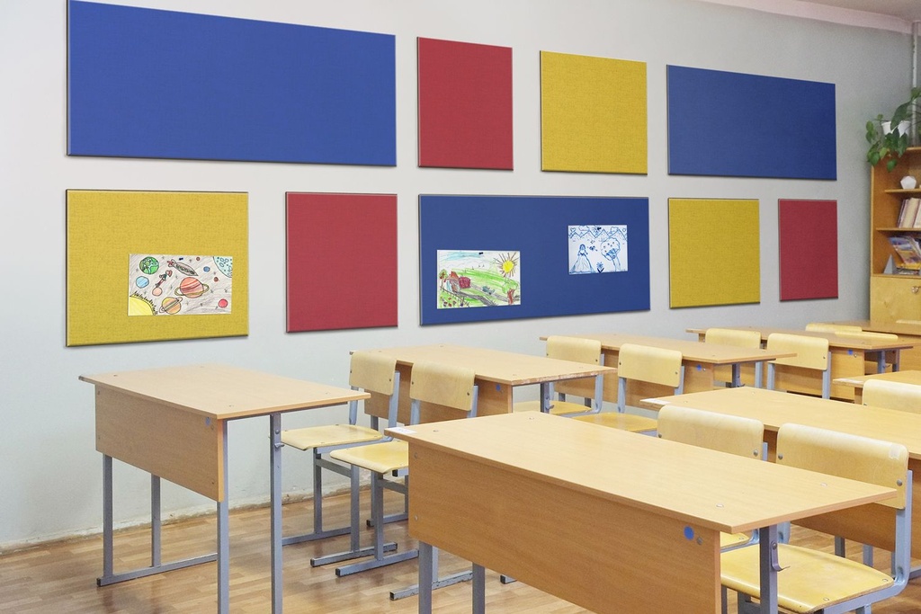 13. Classroom with Fabric Covered Acoustic Bulletin Board Panels on Wall