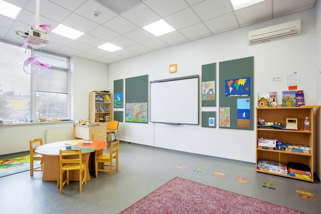 14. School Classroom with 1  Series Premade Fabric Covered Acoustic Bulletin Board Panels on the Walls