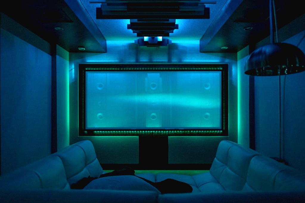 2. Futuristic Home Theater with Acoustic Walls