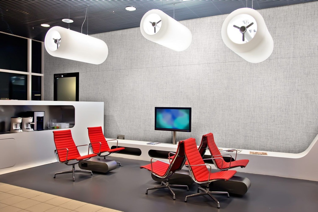 39. Futuristic Office Break Room with Two Band Full Wall Installation