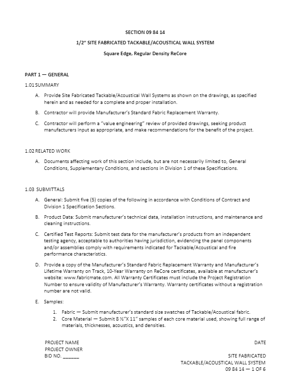 Section 09 84 14 - 0.5 in.  Tackable & Acoustical - Square Edge, Regular Density Core 9.4 pcf