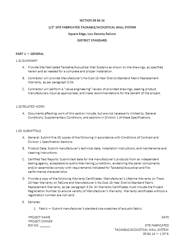 Section 09 84 14 - 0.5 in.  Tackable & Acoustical - Square Edge, Regular Density Core 9.4 pcf - District Standard