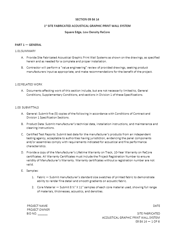 Section 09 84 14 - 1 in.  Acoustical & Graphic - Square Edge, Low Density Core 3.0 pcf