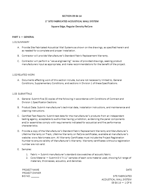 Section 09 84 14 - 1 in.  Acoustical - Square Edge, Regular Density Core 6.0 pcf