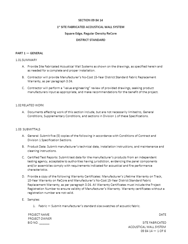 Section 09 84 14 - 1 in.  Acoustical - Square Edge, Regular Density Core 6.0 pcf - District Standard