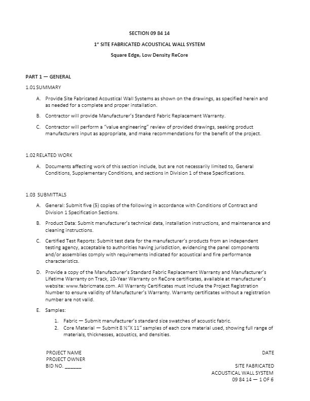 Section 09 84 14 - 1 in.  Acoustical - Square Edge, Low Density Core 3.0 pcf