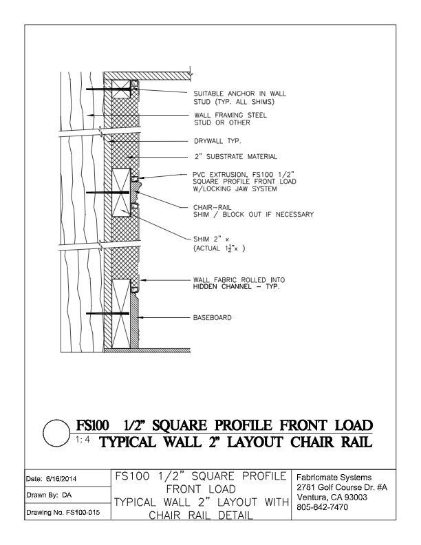 TYPICAL WALL 2 INCH LAYOUT WITH CHAIR RAIL - FS100-015